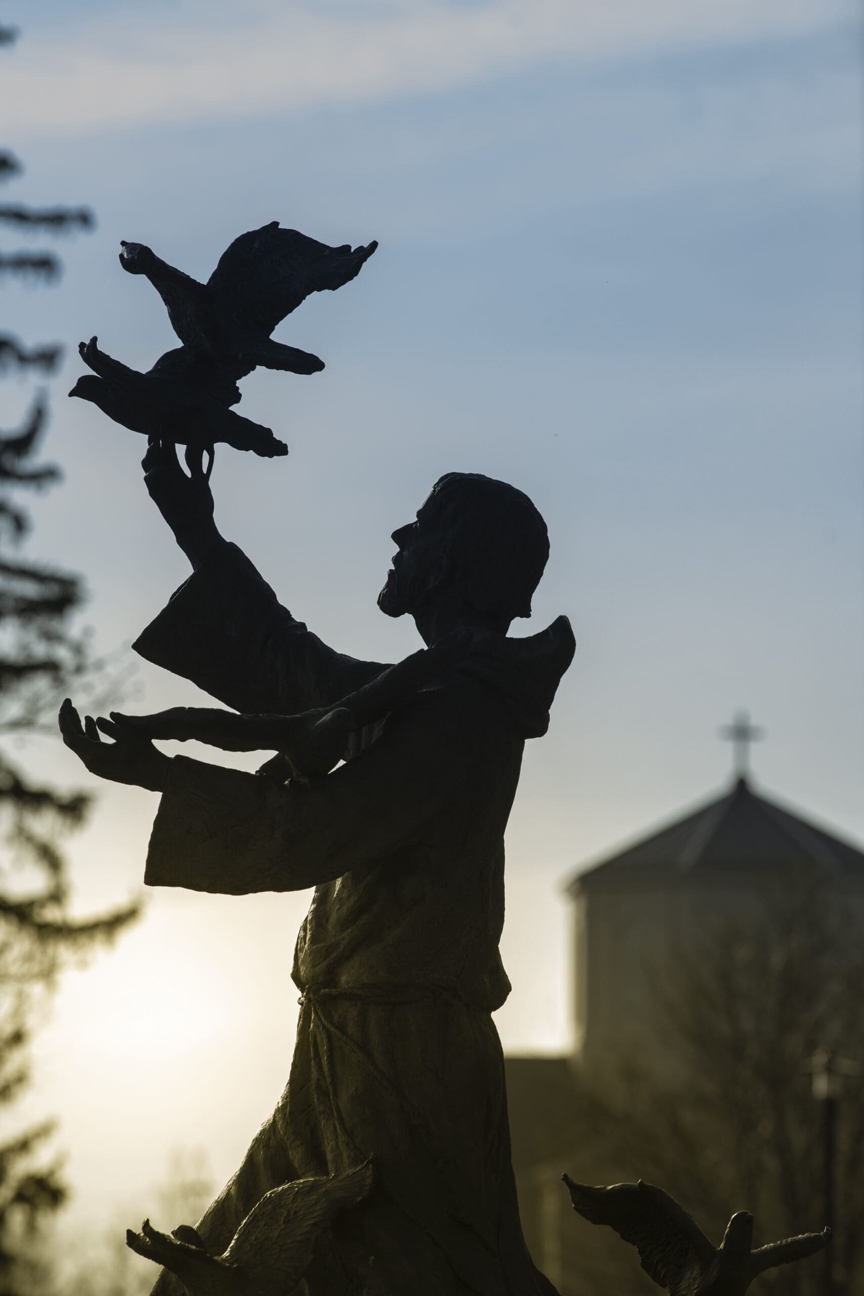 Silhouette of St. Francis Statue at Dusk